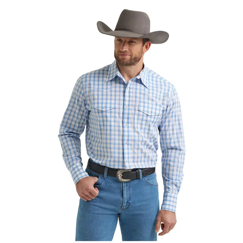 112369448 Wrangler Men's Wrinkle Resist Classic Fit Long Sleeve Snap Shirt - Blue/White 1