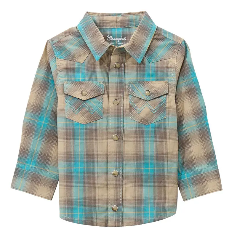112369522 Wrangler Boys' Retro Long Sleeve Snap Shirt - Tan/Turquoise 1