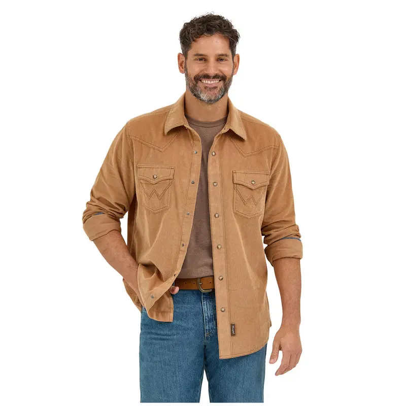 112369587 Wrangler Men's Retro Modern Fit Long Sleeve Snap Shirt - Brown 1