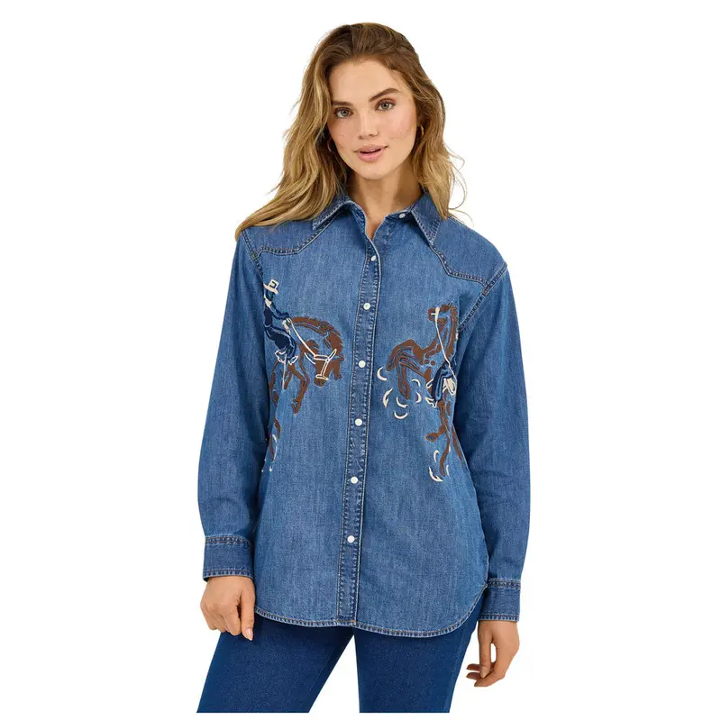 112371715 Wrangler Women's Retro® Americana Boyfriend Long Sleeve Western Snap Shirt - Denim 1