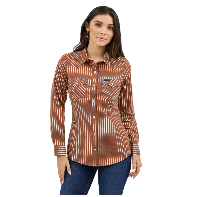 112371900 Wrangler Women's Retro Western Dress Long Sleeve Snap Shirt - Rust Stripe 1