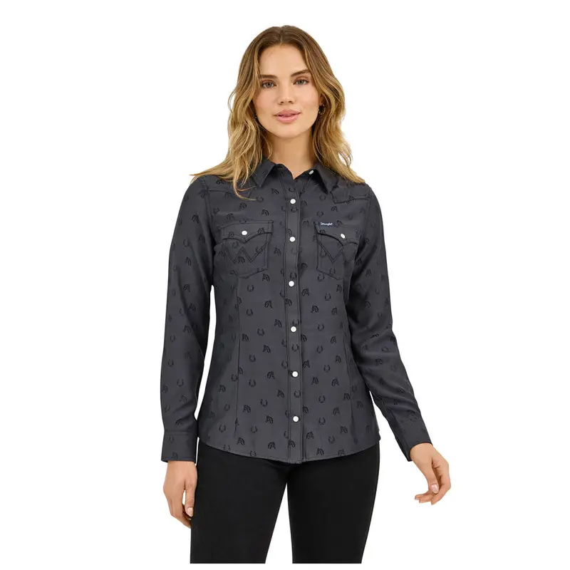 112372429 Wrangler Women's Retro Party Western Long Sleeve Snap Shirt - Black 1