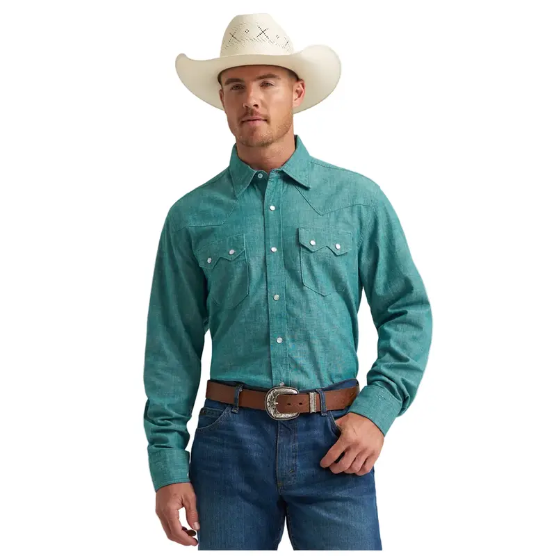 112374496 Wrangler® X Cody Johnson Men's Long Sleeve Classic Fit Snap Shirt - Teal 1