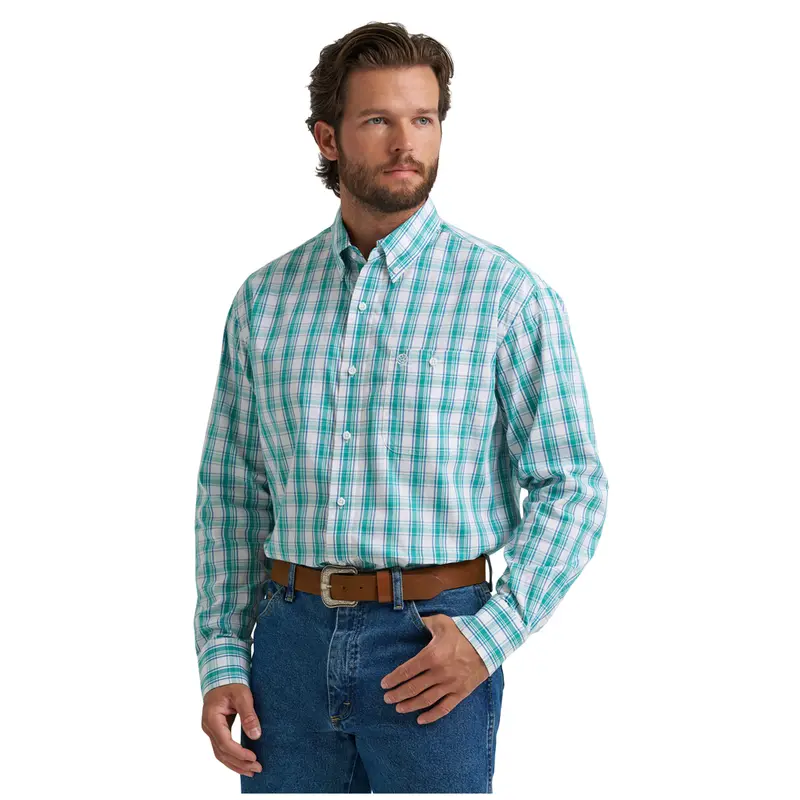 112374594 Wrangler® Men's George Strait Collection One Pocket Long Sleeve Button Down Shirt - Teal 1