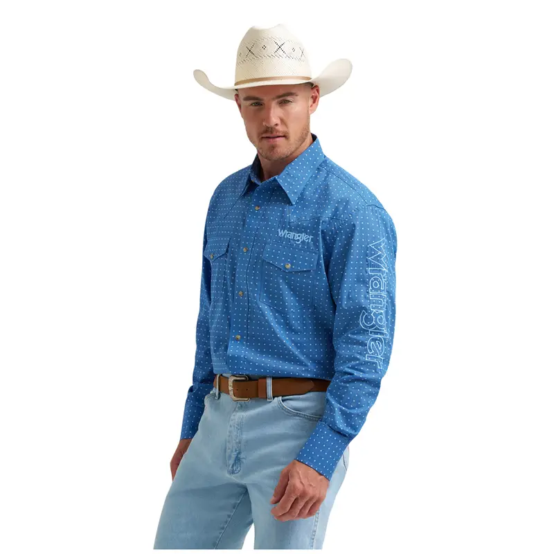 112374858 Wrangler Men's Long Sleeve Logo Snap Shirt - Blue 1
