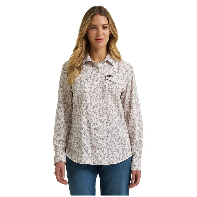 112375045 Wrangler Women's Performance Aria Long Sleeve Shirt - White 1