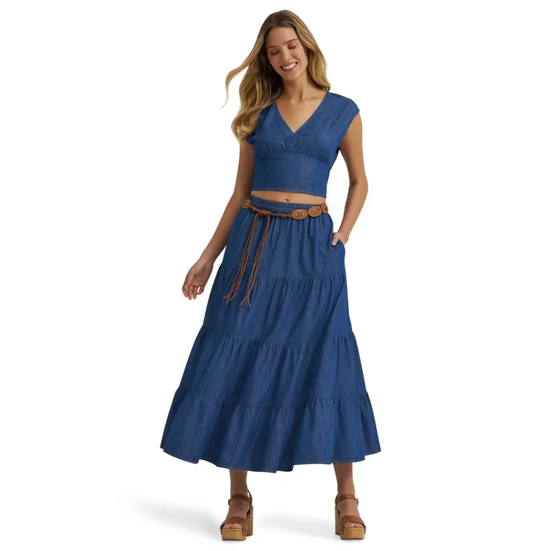 112375219 Wrangler Women's Tiered Maxi Skirt - Dark Denim 1