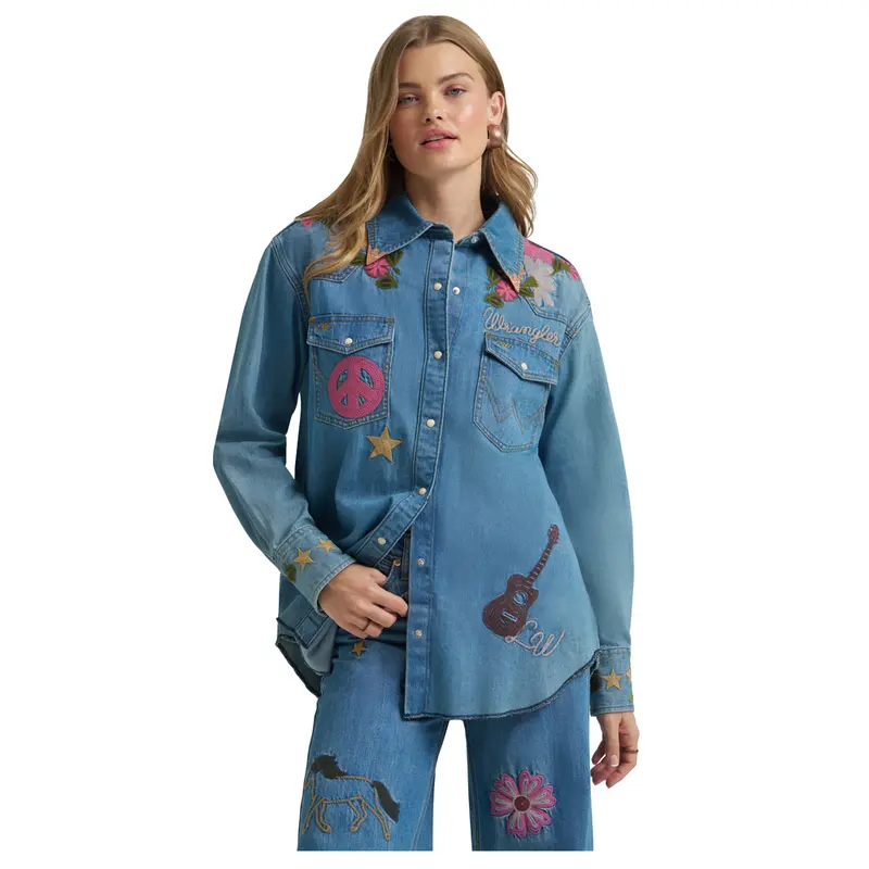 112375521 Wrangler X Lainey Wilson Women's Embroidered Denim Western Snap Shirt - Denim 1