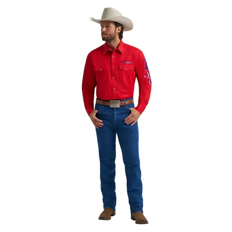 112379238 Wrangler Men's Long Sleeve Logo Snap Shirt - Americana Red 1