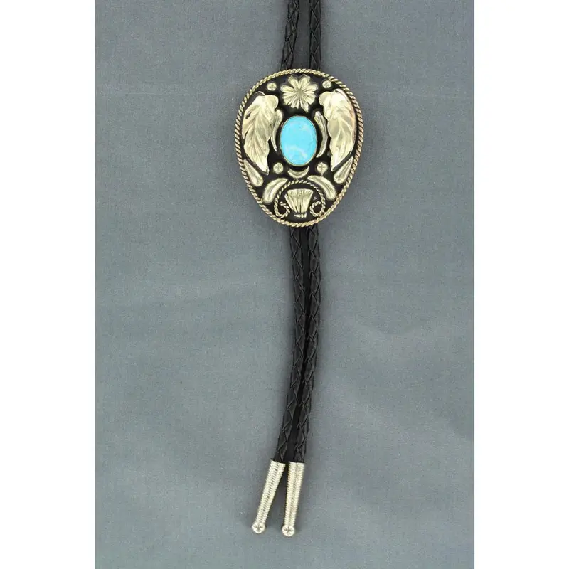 22110 Double S Adult Bolo Tie Leaves Turquoise Stone 1