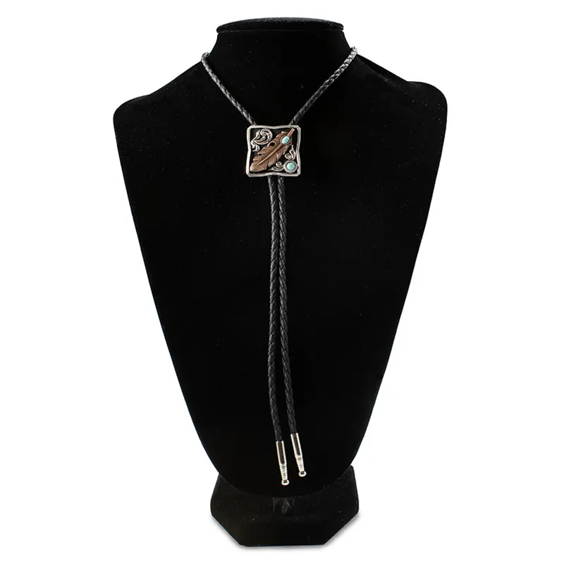 22407 Double S Bolo Tie - Feather With Turquoise Stone 1