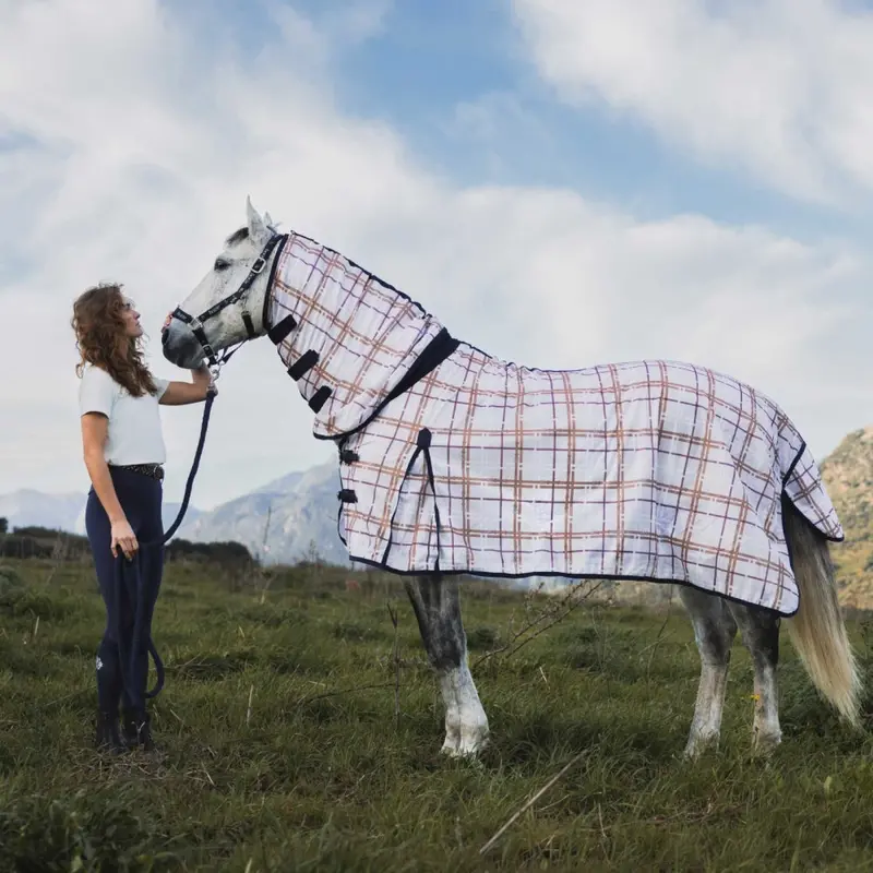 24Tu3fs-Chk/Nv Horze Defender Combo Fly Sheet - Check Print Navy 1