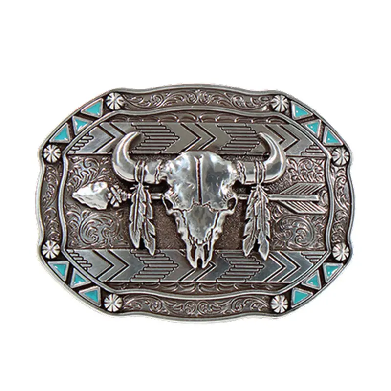 37007 Nocona Rectangle Arrow Skull Feather Belt Buckle 1