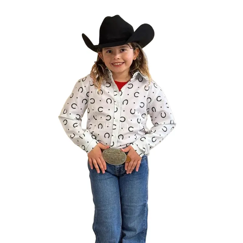 38459 Loop D By Royal Highness Youth Button Down Western Show Shirt - White With Horseshoes 1