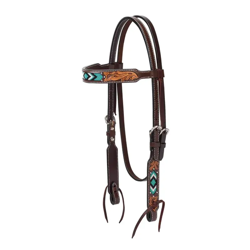45-0144 Weaver Turquoise Cross Turquoise Beaded 5/8" Browband Headstall 1
