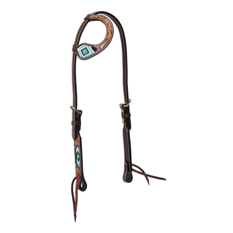 45-0145 Weaver Leather Turquoise Cross Flat Sliding One Ear Headstall - Turquoise Beaded 1
