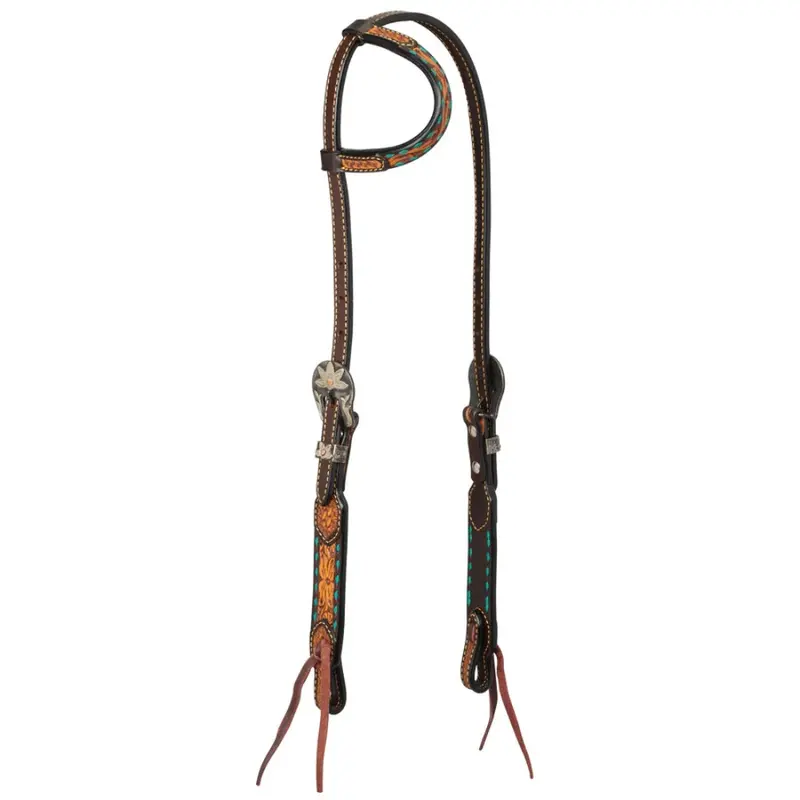 45008-01-01 Weaver Leather Turquoise Cross 5/8" One Ear Headstall - Floral Buckstitch 1