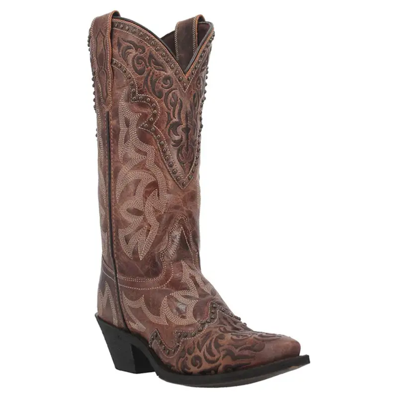 52410 Laredo Ladies Braylynn Snip Toe Western Boot Brown With Embroidery And Studs 1
