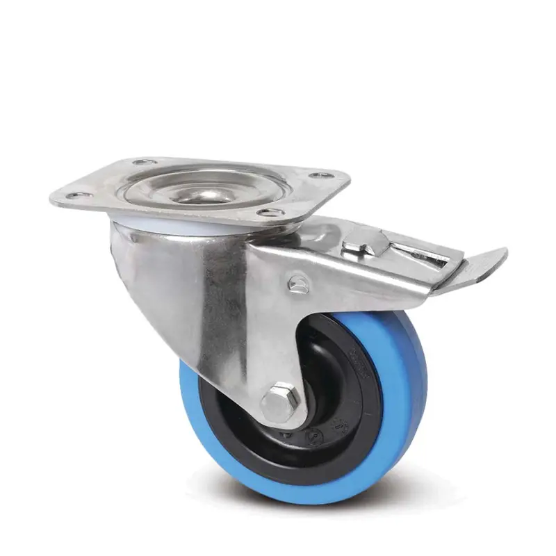 8477Ufd100p62b - 160Kg Swivel Total Brake Plate 100Mm Stainless Steel Blue Rubber 1