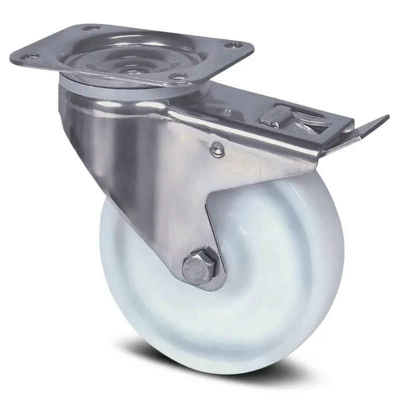 8477Uod100p62 - 200Kg Swivel Plate Total Brake 100Mm Stainless Steel White Nylon 1