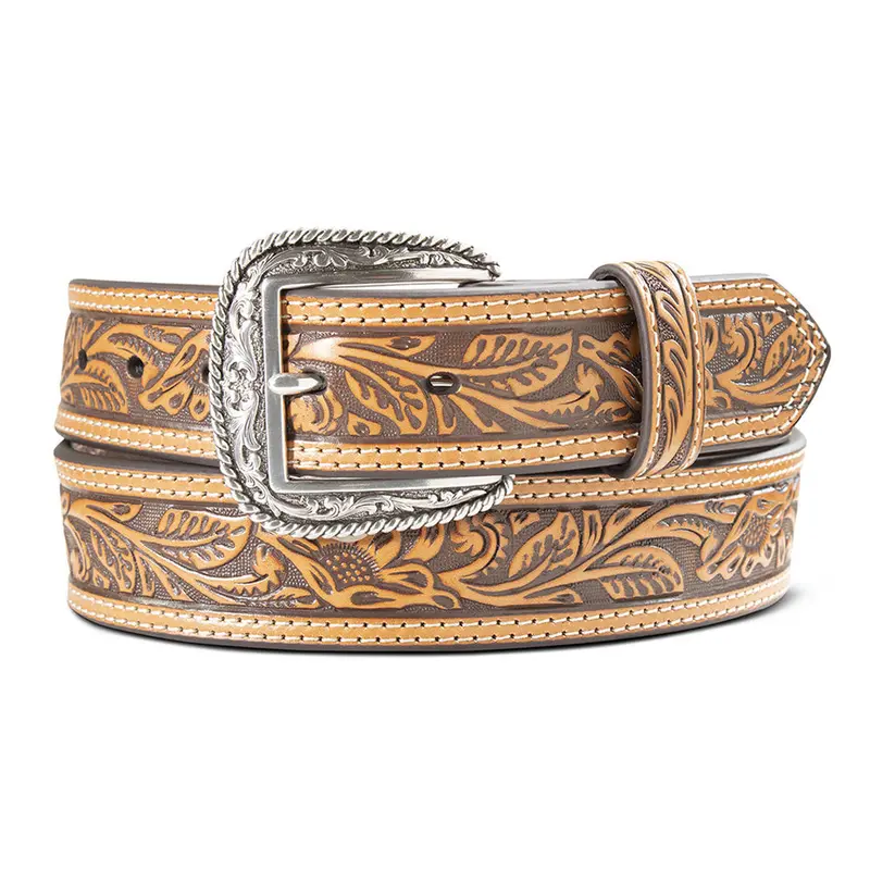 A1012408 Ariat Men's Floral Tooled Double Stitch 1 1/2" Belt - Tan 1