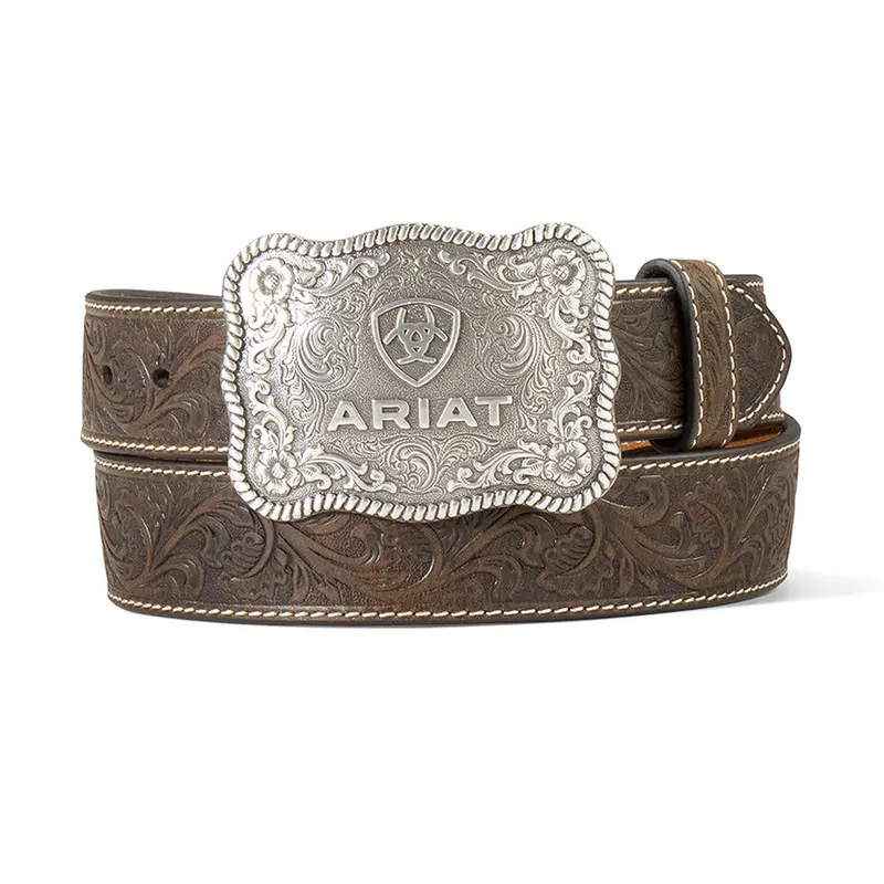 A1020444 Ariat Mens Double Stitched Brown Belt With Ariat Logo Buckle 1