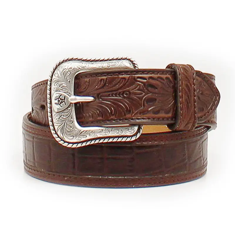A1021202 Ariat Men's Floral Tooled Croc Print Brown Belt 1