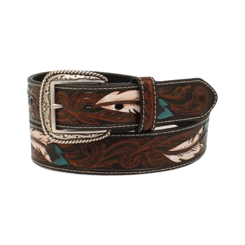 A1038602 Ariat Men's Feather Floral Embossed Brown Belt 1