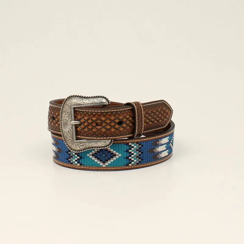 A1038702 Ariat Men's Brown & Blue Southwest Embroidered Leather Belt 1