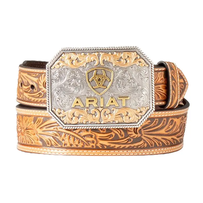 A1042208 Ariat Floral Embossed Tan Belt With Ariat Square Buckle 1