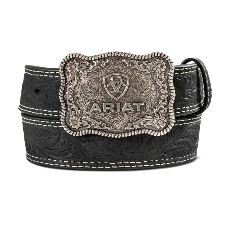 A1309701 Ariat Boy's Tooled Double Stitched Leather Belt With Buckle - Black 1