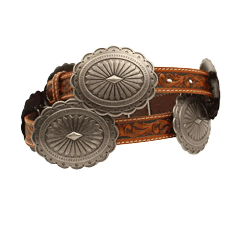 A1530508 Ariat Women's Tan Tooled Leather Belt W/Large Oval Silver Conchos 1