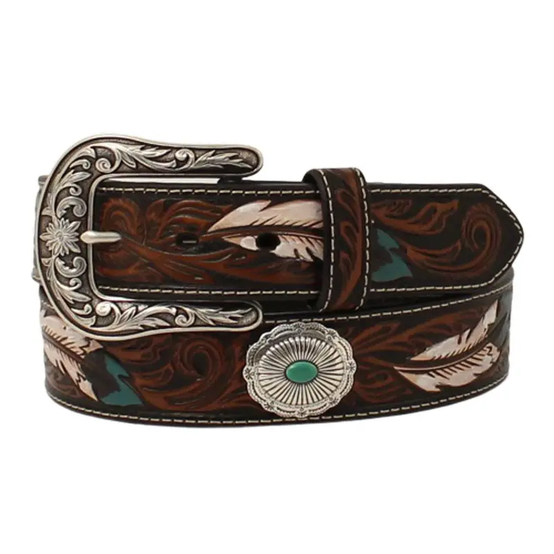 A1533602 Ariat Women's Brown Tooled Leather Belt W/Feathers & Silver Turquoise Conchos 1