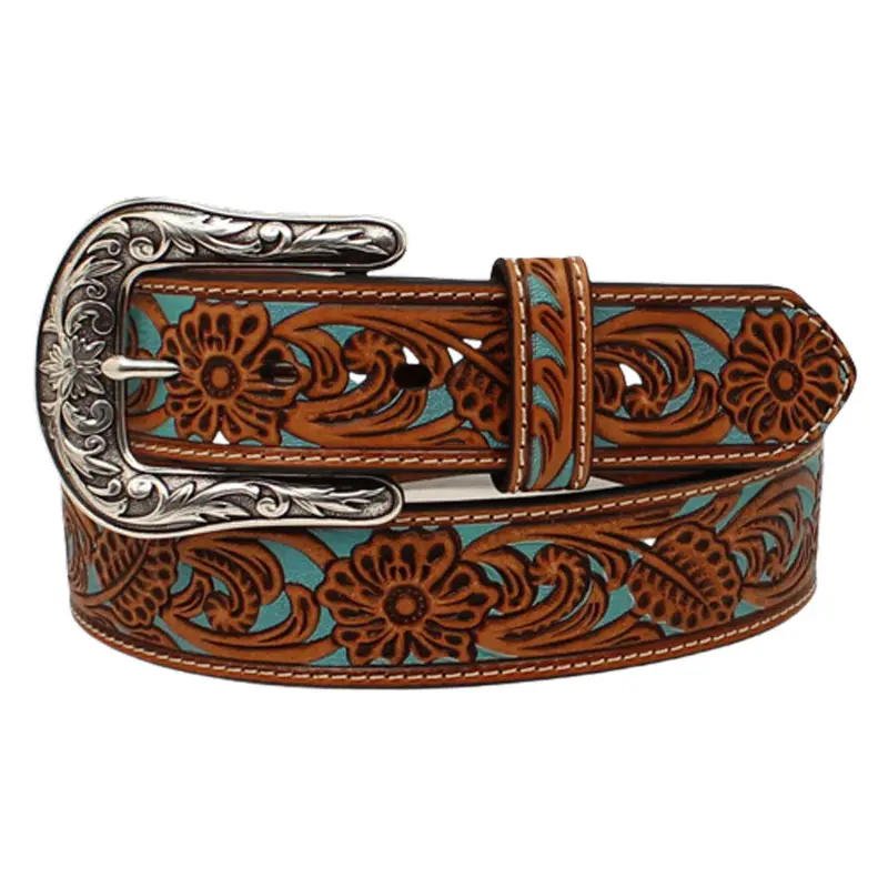 A1534108 Ariat Women's 1 1/2" Floral Overlay Turquoise Belt 1