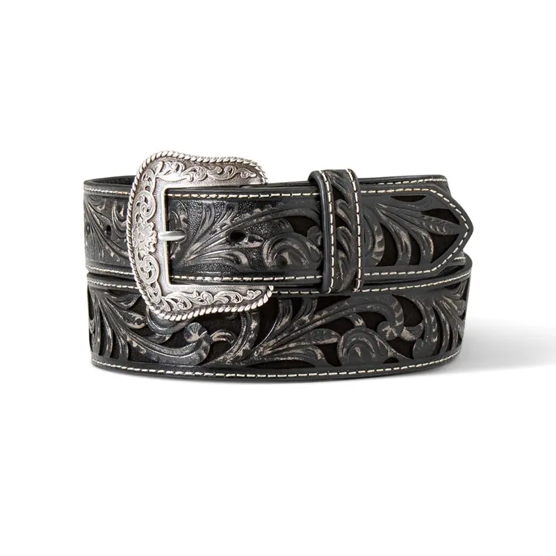 A1565001 Ariat Women's Black Floral Embossed Leather Belt Silver Buckle 1