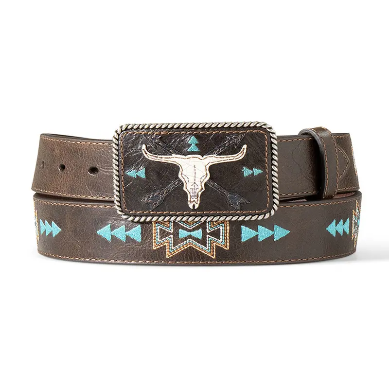 A1565834 Ariat Ladies 1 /2" Cow Skull/Arrow Motif Belt - Dark Brown 1