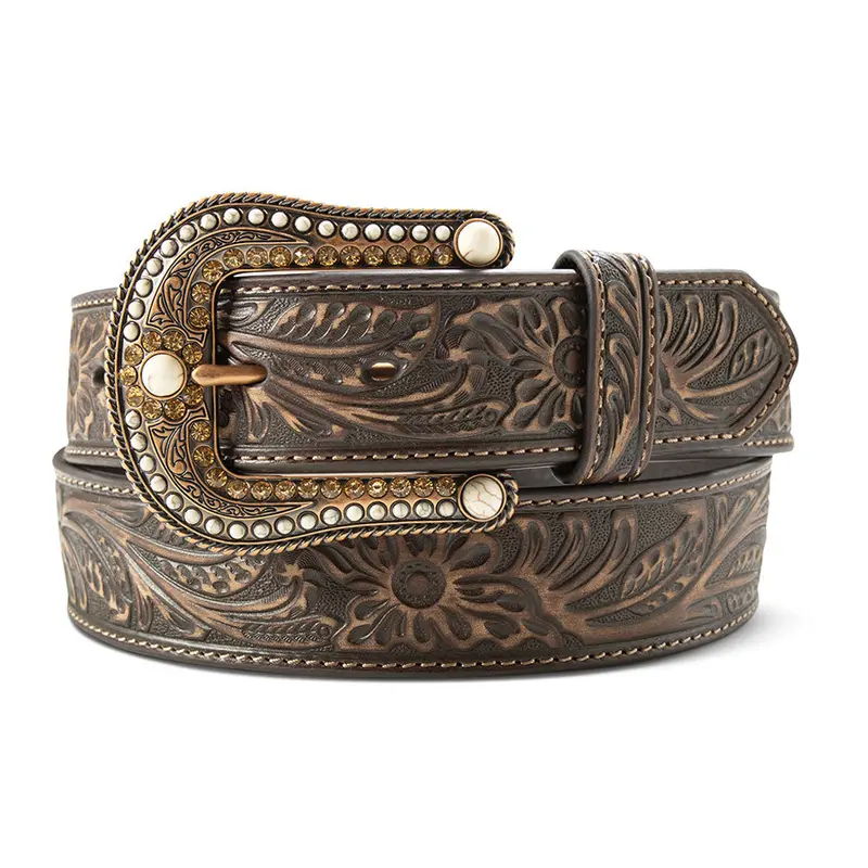 A1567702 Ariat Ladies 1 1 /2" Floral Embossed Western Belt - Brown 1