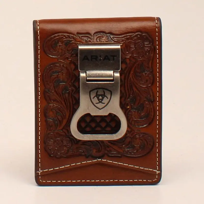A3544408 Ariat Bifold Money Clip Basket Weave Floral Embossed Tan 1