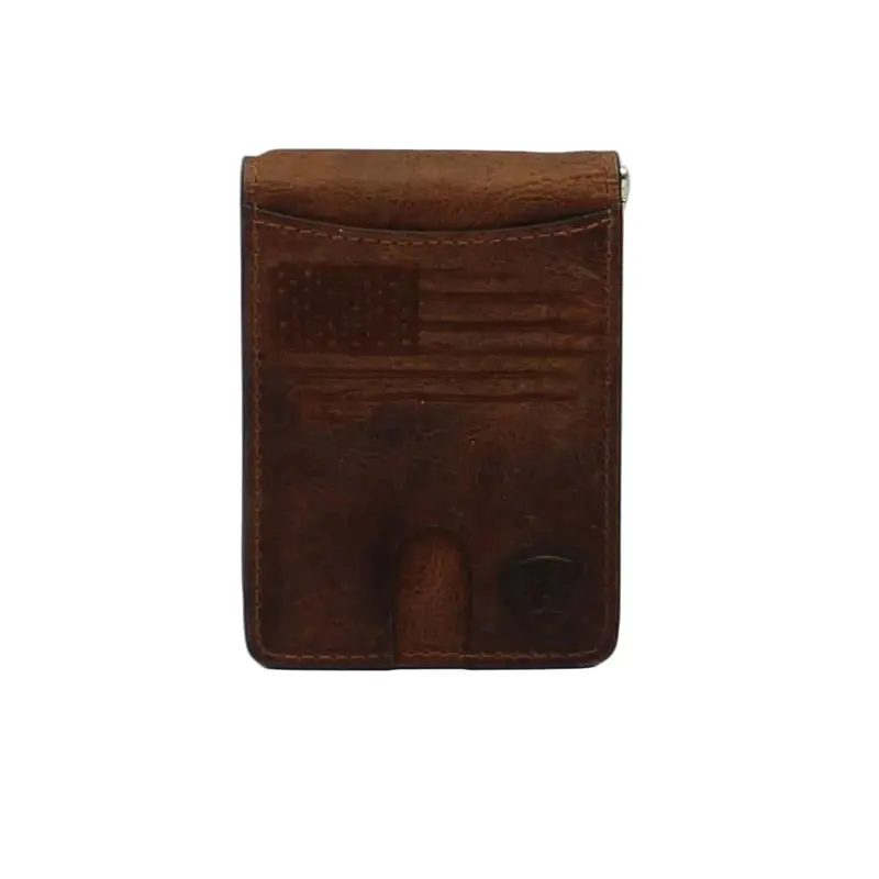 A3546002 Ariat Men's Embroidered Flag Bifold Money Clip Leather Wallet - Brown 1