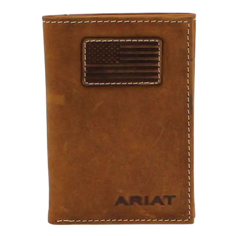 A3548444 Ariat Men's Brown Trifold Flag Patch Logo Leather Wallet 1
