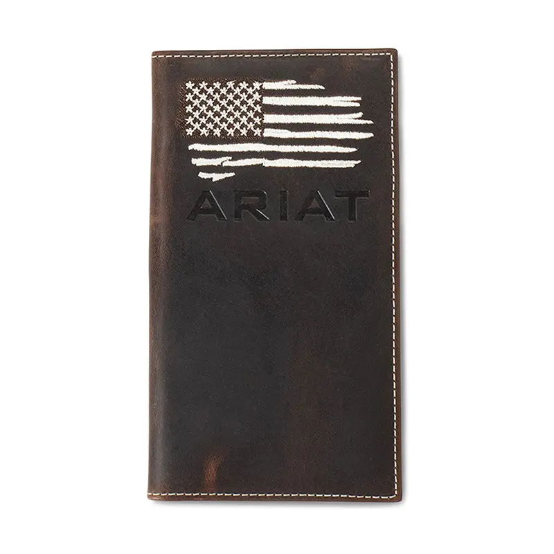 A3553734 Ariat Men's Rodeo Distressed White Stitched Usa Flag Logo Shield Wallet 1