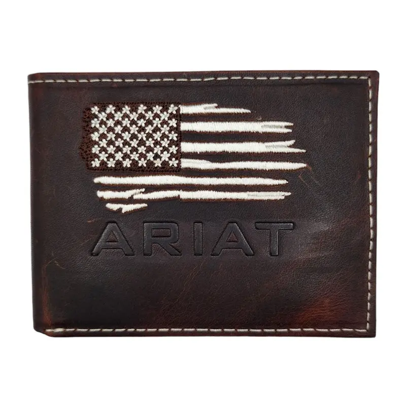 A3553834 Ariat Bifold Distressed White Stitched Usa Flag Shield Logo Wallet 1