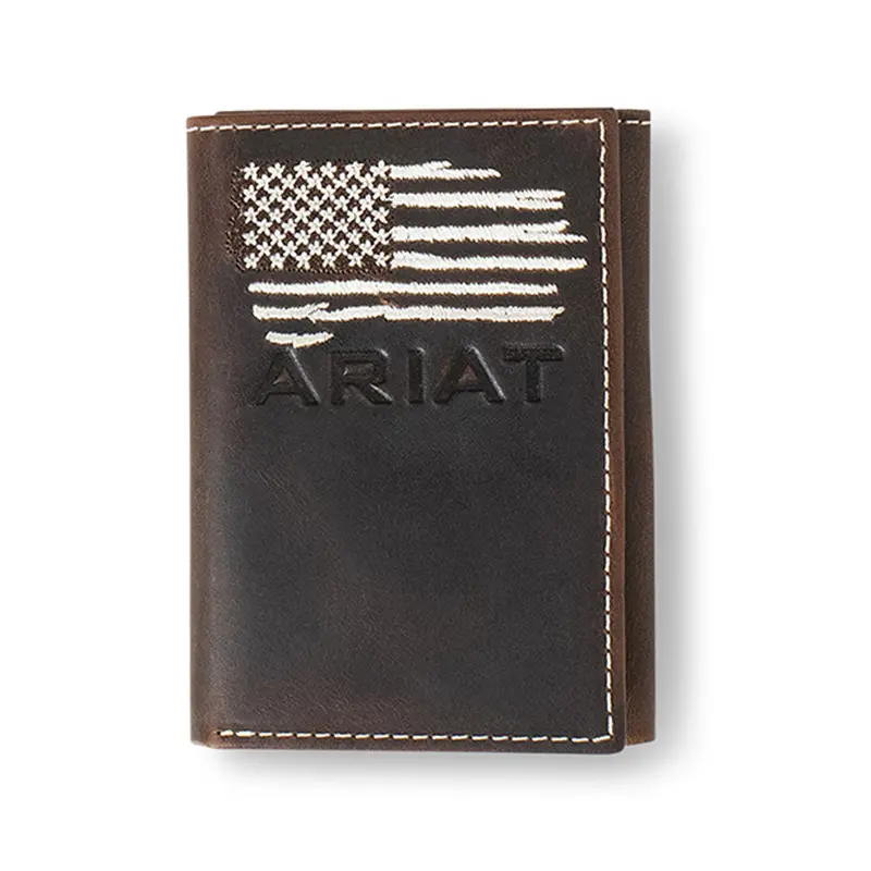A3553934 Ariat Men's Trifold White Stitched Usa Flag & Logo Leather Wallet 1