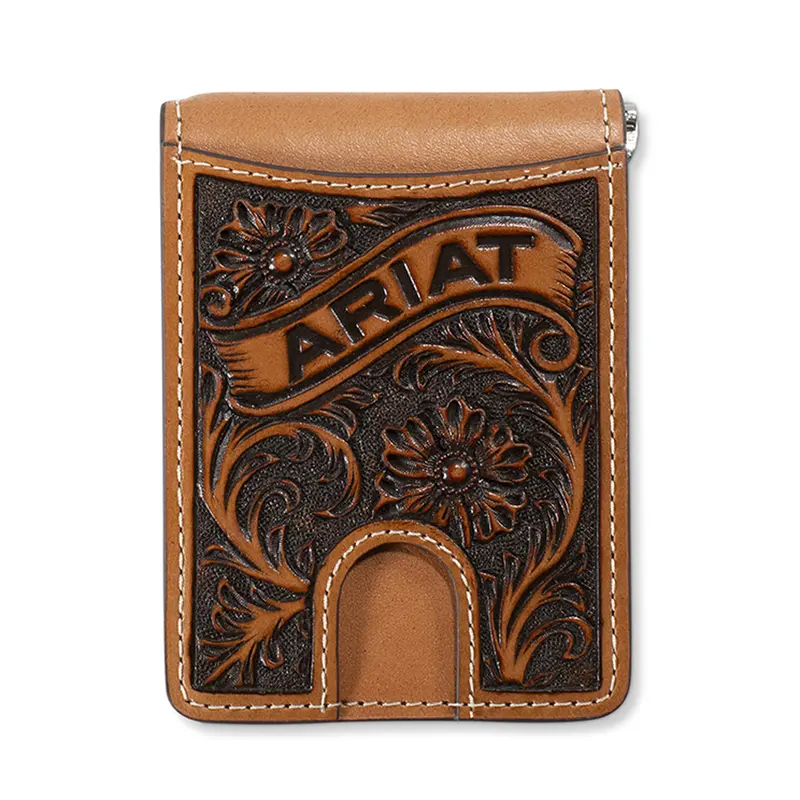A3568308 Ariat Banner Tooled Leather Money Clip Card Case Wallet 1