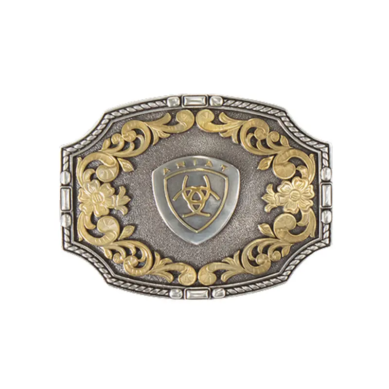 A37023 Ariat Rectangle Rope Edge Floral Accents Belt Buckle 1