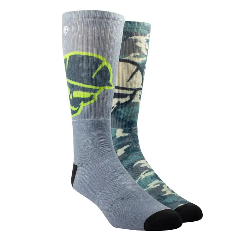 Ar2534 Ariat Men's Roughneck Graphic Crew Work Socks 2 Pair Pack - Grey/Green 1