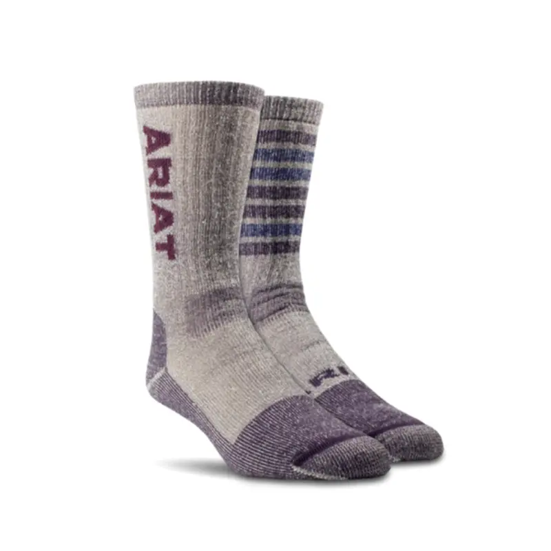Ar2908 Ariat Women's Midweight Merino Wool Blend Steel Toe Work Sock 2 Pair Pack - Berry/Blue 1