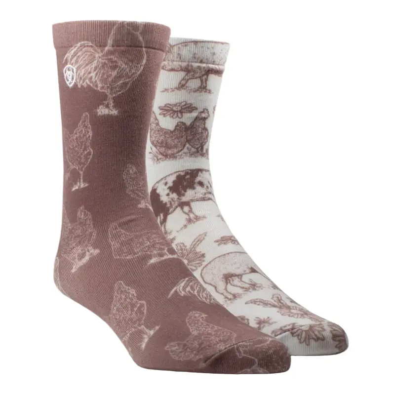 Ar4298 Ariat Women's Western Barnyard Friends Crew Socks - Chestnut/Natural 1