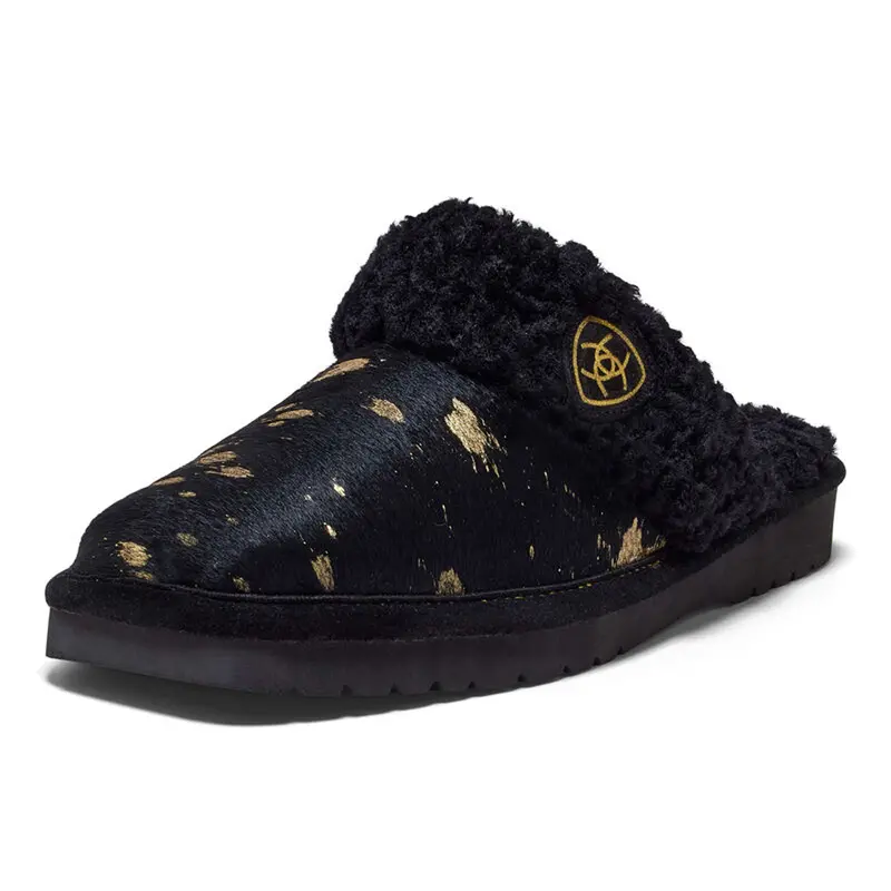 Ar8030 Ariat Women's Jackie Square Toe Slipper - Black & Gold Hair On 1