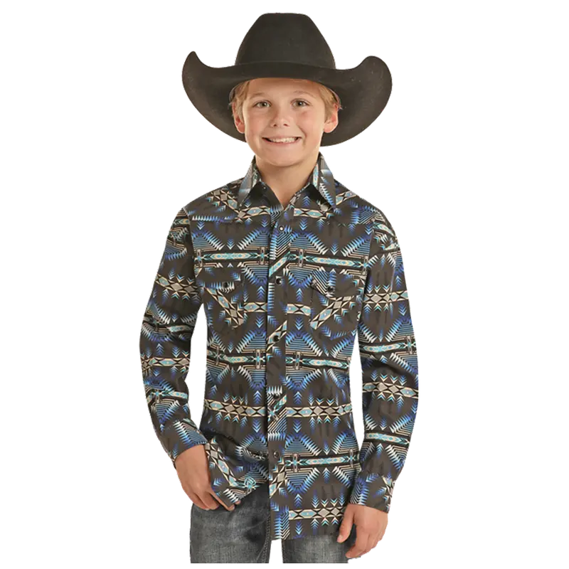 Bbn2s02157 Rock & Roll Boys Long Sleeve Aztec Print Snap Shirt 1